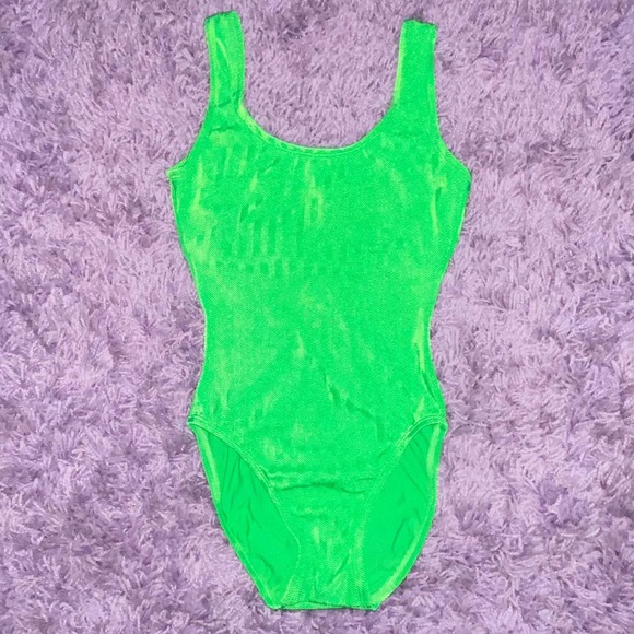 VTG 90s Catalina Lime Green Slime Neon One Piece Low Back Solid Color Swimsuit - Picture 2 of 10